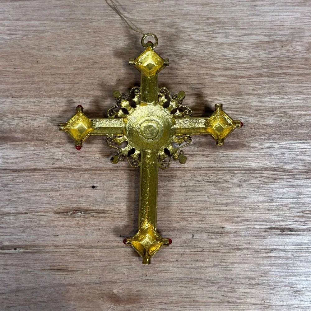 Vintage Jeweled Cross Christmas Ornament Gold Burgundy Enamel Religious Decor
